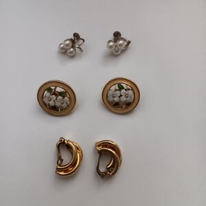 3 Pair Vintage Earrings Faux Pearl and Gold tone